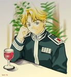  2001 artist_request blonde_hair ginga_eiyuu_densetsu glass grey_eyes hand_on_own_face leaf male_focus military military_uniform smile solo uniform wolfgang_mittermeyer younger 