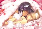  animal_ears bed blonde_hair breasts copyright_request gloves hanpen large_breasts multiple_girls petals purple_hair saliva saliva_trail yellow_eyes yuri 