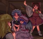  bat_wings blonde_hair blue_eyes bow braid brown_eyes detached_sleeves dress frills full_body hair_bow hakurei_reimu izayoi_sakuya kirisame_marisa kt2 long_sleeves lowres maid_headdress multiple_girls oekaki puffy_short_sleeves puffy_sleeves red_bow remilia_scarlet short_sleeves silver_hair sitting standing touhou twin_braids vampire white_dress wings 