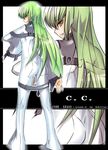  bodysuit c.c. character_name closed_mouth code_geass expressionless full_body green_eyes green_hair long_hair long_sleeves looking_at_viewer looking_back robe solo standing very_long_hair white_bodysuit yellow_eyes yukari_(konekonekozou) zoom_layer 