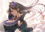  1girl bare_shoulders breasts brown_hair cleavage dress eyes_closed flower gloves granblue_fantasy hair_flower hair_ornament jewelry kakage large_breasts long_hair necklace rose rosetta_(granblue_fantasy) short_sleeves smile solo 