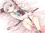  blue_eyes bottomless flower grey_hair holding holding_sword holding_weapon konpaku_youmu lying navel on_back petenshi_(dr._vermilion) sheath sheathed short_hair solo sword touhou water weapon wet wet_clothes 