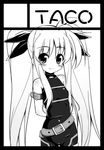  arm_belt arms_behind_back belt beltskirt black_border blush border circle_cut cowboy_shot fate_testarossa greyscale long_hair looking_at_viewer lyrical_nanoha mahou_shoujo_lyrical_nanoha monochrome sidelocks smile solo sw twintails very_long_hair 