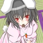  animal_ears artist_request black_hair blush bunny_ears bunny_tail carrot chocolate chocolate_heart heart inaba_tewi looking_at_viewer mouth_hold red_eyes short_hair solo tail tatami touhou 