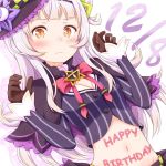  1girl blush capelet commentary_request crop_top dated english fang gloves hair_ornament hat hololive long_hair looking_at_viewer midriff murasaki_shion navel solo ukiyo_giaru virtual_youtuber white_hair witch_hat 