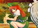  2girls animal bad_id bad_pixiv_id bangs bare_legs beret blunt_bangs bow braid bush cat chinese_clothes eyebrows eyebrows_visible_through_hair frilled_sleeves frills green_eyes hair_bow hat holding holding_animal hong_meiling izayoi_sakuya katari long_hair maid_headdress multiple_girls open_mouth outdoors puffy_short_sleeves puffy_sleeves red_hair short_sleeves side_slit silver_hair star sweatdrop tangzhuang touhou twin_braids 