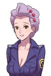  bad_id bad_pixiv_id breasts brown_eyes cleavage gyakuten_saiban hair_ornament highres large_breasts ooba_kaoru police police_uniform policewoman purple_hair short_hair smile solo tensugi_takashi uniform younger 