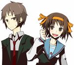  1girl :d blazer blue_sailor_collar brown_eyes brown_hair collarbone expressionless jacket jin_(crocus) kita_high_school_uniform kyon long_sleeves looking_at_viewer necktie open_mouth red_neckwear sailor_collar school_uniform serafuku shirt short_hair simple_background smile suzumiya_haruhi suzumiya_haruhi_no_yuuutsu sweatdrop white_background white_shirt 