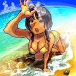  :o all_fours beach bikini black_hair blue_eyes breasts crab crustacean day hermit_crab jon_taira large_breasts lens_flare lowres ocean open_mouth original outdoors solo swimsuit uneven_eyes water yellow_bikini 
