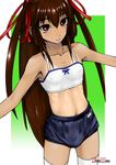  armpits bow bra brown_hair bulge buruma covered_nipples flat_chest frame green_background lingerie long_hair looking_at_viewer midriff navel one-piece_tan original outstretched_arms red_eyes ribbon ribs skinny smile solo sports_bra spread_arms tan tanline thighhighs twintails underwear white_legwear yamamoto_canponi 
