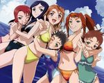 :/ :d ;o ahoge arm_around_neck bangs belt between_breasts bikini black_hair blue_eyes blue_hair blush braid breast_press breasts brown_hair casual_one-piece_swimsuit clenched_hands clenched_teeth cloud competition_swimsuit covered_nipples day dutch_angle embarrassed everyone flat_chest foreshortening frilled_swimsuit frills front-tie_top girl_sandwich glasses gradient green_eyes grin hand_on_head hand_on_shoulder hisayuki_hirokazu hug kikukawa_yukino kuga_natsuki large_breasts leaning_forward lineup long_hair looking_at_viewer minagi_mikoto multiple_girls my-hime naughty_face navel ocean official_art one-piece_swimsuit one_eye_closed open_mouth orange_hair outdoors outstretched_arm parted_bangs pointing ponytail pose red-framed_eyewear red_hair sandwiched scrunchie short_hair side-tie_bikini sideboob sky smile spiked_hair standing string_bikini striped striped_bikini striped_swimsuit sugiura_midori swimsuit teeth tokiha_mai twin_braids underboob untying v water wince yellow_eyes yuuki_nao 