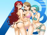  ass between_breasts blue_hair blush bra breasts brown_hair choker curly_hair frills garter_belt highres indee kirijou_mitsuru lace large_breasts lingerie multiple_girls panties persona persona_3 red_hair striped striped_panties takeba_yukari thighhighs underwear underwear_only wallpaper yamagishi_fuuka 