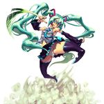  action detached_sleeves green_hair hatsune_miku jon_taira long_hair necktie panties pantyshot side-tie_panties solo spring_onion thighhighs twintails underwear very_long_hair vocaloid 
