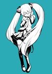 aqua_background closed_eyes face hatsune_miku heebee long_hair monochrome necktie skirt solo spot_color thighhighs twintails very_long_hair vocaloid 