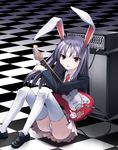  amplifier animal_ears bad_id bad_pixiv_id blazer bunny_ears checkered checkered_floor electric_guitar guitar ichikura_(bk) instrument jacket panties pantyshot pantyshot_(sitting) perspective pleated_skirt reisen_udongein_inaba sitting skirt solo thighhighs touhou underwear white_legwear 