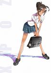  ahoge bag black_hair brown_eyes kikuchi_(xpoz) leaning_forward loafers no_socks open_clothes open_shirt original plaid plaid_skirt school_bag school_uniform shirt shoes skirt solo 