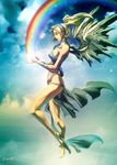  angel blonde_hair braid breasts clouds eyes_closed floating genzoman goddess headband iris ponytail rainbow wings 