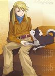  artist_request belt black_hayate blonde_hair brown_eyes dog earrings fullmetal_alchemist hair_down highres jewelry long_hair official_art pet riza_hawkeye scan shiba_inu solo turtleneck 