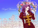  blush code_geass cornelia_li_britannia flower gate gloves higi_(rodriguez) lipstick makeup purple_eyes purple_hair rose smile wallpaper wavy_hair 