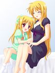  :d ^_^ ^o^ alicia_testarossa barefoot bed bed_sheet blonde_hair bow breasts cleavage closed_eyes fate_testarossa grey_background hair_bow large_breasts long_hair lyrical_nanoha mahou_shoujo_lyrical_nanoha_strikers multiple_girls on_bed open_mouth red_eyes saki_chisuzu siblings simple_background sisters smile socks time_paradox twintails very_long_hair white_legwear 