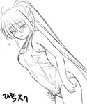  ahoge blush breasts cleavage greyscale hijiri_tsukasa long_hair lowres lyrical_nanoha mahou_shoujo_lyrical_nanoha mahou_shoujo_lyrical_nanoha_a's medium_breasts monochrome one-piece_swimsuit ponytail school_swimsuit signum sketch solo swimsuit very_long_hair 