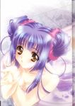  bath blush brown_eyes carnelian kao_no_nai_tsuki kuraki_suzuna nude purple_hair ribbon solo 