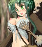  breast_grab breast_slip breasts cosplay front-tie_top grabbing green_eyes green_hair indiana_jones indiana_jones_(cosplay) jochuu-san large_breasts lowres nipples oekaki original shirt skeleton solo_focus tied_shirt yagisaka_seto 