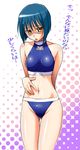  :o bikini blue_hair bob_cut busou_renkin facial_scar halftone halftone_background kouda_tomohiro navel nose_scar open_mouth scar short_hair solo swimsuit thigh_gap translated tsumura_tokiko yellow_eyes 