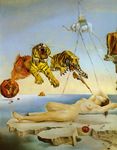  breasts cliff dream_caused_by_the_flight_of_a_bee_around_a_pomegranate_a_second_before_awakening elephant fine_art_parody fish food fruit gun highres long_legs medium_breasts nipples nude original parody pomegranate reference_work rifle salvador_dali sleeping surreal tiger water weapon 