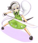  black_hairband blue_eyes hairband katana kokotetsu konpaku_youmu konpaku_youmu_(ghost) short_hair silver_hair skirt solo sword touhou weapon 