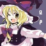  blonde_hair bow hair_bow hat kirisame_marisa lowres one_eye_closed open_mouth smile solo tako_(plastic_protein) touhou witch witch_hat 