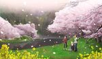  71 cherry_blossoms copyright_request drunk flower forest glasses grass lake multiple_girls nature petals scenery sitting tree 