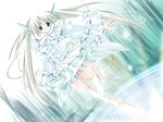  bad_id bad_pixiv_id blue_eyes dutch_angle frills head_fins kuon_itsuki leg_up long_hair original silver_hair solo thighhighs twintails very_long_hair white_legwear 