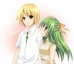  1girl bare_shoulders blonde_hair brown_eyes collared_shirt dress_shirt green_eyes green_hair half_updo higurashi_no_naku_koro_ni houjou_satoshi lowres petting ribbed_sweater shirt sonozaki_shion soranagi_reno sweater sweater_vest upper_body white_shirt 