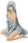  bare_shoulders barefoot breasts cleavage code_geass dark_skin duplicate jyuru kneeling large_breasts long_hair naked_sweater non-web_source silver_hair sleeves_past_wrists solo sweater villetta_nu yellow_eyes 