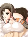  1girl black_eyes black_hair breast_press breasts earrings elbow_gloves final_fantasy final_fantasy_vii gloves hetero huge_breasts ionosphere jewelry long_hair miniskirt pencil_skirt skirt solo_focus suspenders tifa_lockhart 