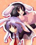  animal_ears back-to-back bad_id bad_pixiv_id black_hair blazer blush breasts bunny_ears carrot carrying inaba_tewi jacket kobanzame lavender_hair long_hair medium_breasts multiple_girls necktie open_mouth outstretched_arms red_eyes red_neckwear reisen_udongein_inaba short_hair simple_background smile spread_arms sweatdrop touhou 