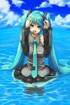  cloud day goe green_eyes green_hair hatsune_miku long_hair necktie ocean open_mouth outdoors sky solo thighhighs twintails very_long_hair vocaloid wading water 