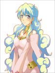  belt blonde_hair blue_hair breasts buckle cleavage cloud_hair collar collarbone cowboy_shot dress kizaki_shin large_breasts long_hair long_sleeves looking_at_viewer nia_teppelin own_hands_together pink_dress simple_background solo tengen_toppa_gurren_lagann v_arms very_long_hair white_background 
