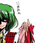  artist_request ascot evil_grin evil_smile green_hair grin kazami_yuuka lowres plaid plaid_vest red_eyes shaded_face short_hair smile solo touhou translation_request vest white_background 