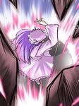  arm_up dress floating_rock frilled_dress frilled_hat frills from_above hat long_hair long_sleeves magic mob_cap patchouli_knowledge pink_dress pink_hat purple_eyes purple_hair solo standing touhou wide_sleeves yuzukineko 