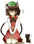  animal_ears blush brown_hair cat cat_ears cat_tail chen curly_hair earrings fang hat jewelry kneeling multiple_tails short_hair slit_pupils solo tail takaharu touhou v_arms yellow_eyes 