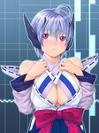  ahoge android bad_id bad_pixiv_id bare_shoulders blue_background blue_hair blush bow breasts cleavage cleavage_cutout embarrassed halterneck hands_on_own_chest huge_breasts japanese_clothes long_sleeves looking_away looking_up nose_blush phantasy_star phantasy_star_universe red_eyes robot_ears short_hair solo upper_body wide_sleeves yuzuriha_(active_homing) 