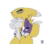 2018 anthro blue_eyes breasts digimon digimon_(species) featureless_breasts female frown fur hands_on_hips looking_at_viewer pubic_mound renamon signature solo xylas yellow_fur 