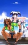  arm_support artist_request bandaid bangle beach bracelet brazilian breast_press breasts christie_monteiro cleavage closed_eyes dark_skin day denim denim_shorts fingerless_gloves gloves groin_tendon hand_on_hip hand_on_thigh jewelry large_breasts leaning ling_xiaoyu log midriff multiple_girls navel ocean pants shirt short_shorts shorts sleeves_rolled_up smile sports_bra spread_legs tekken tied_shirt track_pants twintails 
