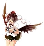  :d bangs bare_legs belt black_skirt black_wings camera hat hermmy looking_at_viewer open_mouth pom_pom_(clothes) puffy_short_sleeves puffy_sleeves shameimaru_aya shirt short_sleeves simple_background skirt smile solo standing thighs tokin_hat touhou white_background white_shirt wings 