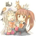  animal animal_on_head bell brown_hair buttons cat cat_on_head closed_eyes fang furui_suguri hat large_buttons little_busters! long_hair multiple_girls natsume_rin noumi_kudryavka on_head open_mouth ponytail red_eyes silver_hair 