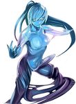  blue_skin breasts cleavage dark_samus goo_girl kichin_yarou large_breasts long_hair metroid metroid_prime midriff monster_girl open_mouth ponytail samus_aran simple_background solo 