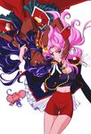  90s aiguillette chu_chu_(xenogears) dark_skin epaulettes flower glasses himemiya_anthy long_hair lying multiple_girls official_art pink_hair purple_hair rose scan shoujo_kakumei_utena tenjou_utena white_background 