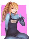  blue_bodysuit bodysuit kichin_yarou metroid name_tag no_lineart one-piece_swimsuit ponytail samus_aran school_swimsuit skin_tight solo swimsuit swimsuit_over_clothes zero_suit 